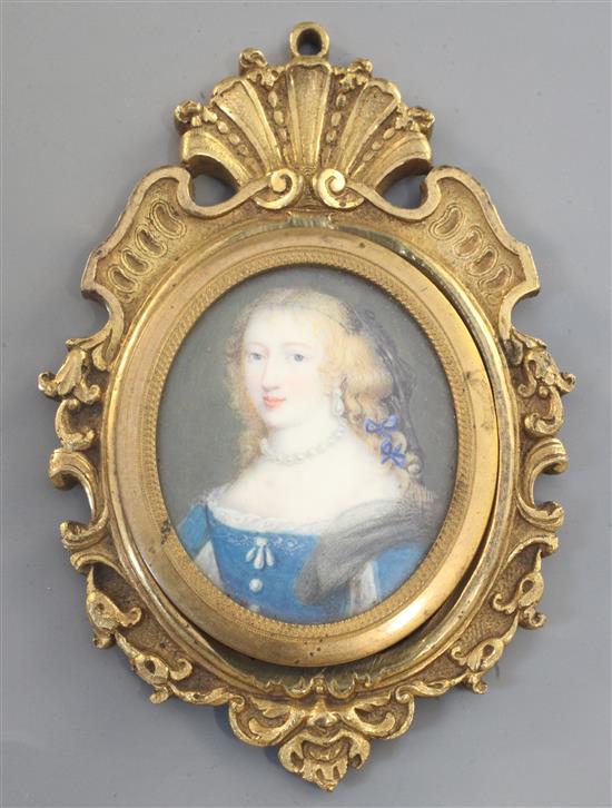 After Jean Petitot Miniature of Madame de Sevigne (1626-1696) 2.25 x 1.75in. ormolu frame.